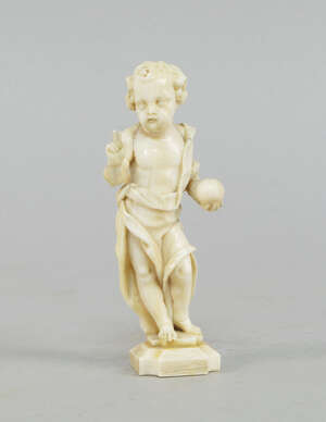 
	
		A French carved ivory figure of the Christ child, 19th century, modelled with his hand in...