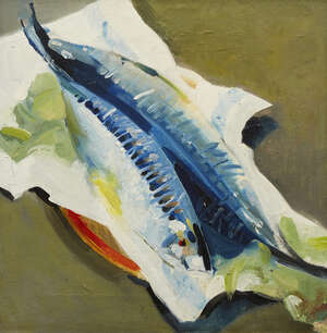 
	
		Dick Negus, 
		British 1927-2011- 
		 
		Two Plump Mackerel, 2001; 
		 
		oil on canvas,...