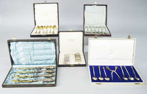 
	
		A boxed set of six Danish Sterling silver coffee spoons and matching sugar nips by W&S...