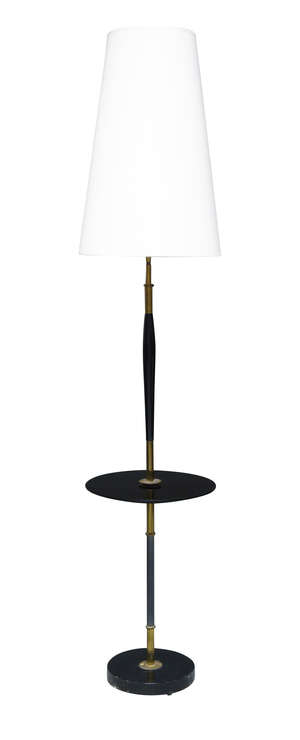 
	
		French, an ebonised and brass standard lamp,
		c.1950,
		with tapering cylindrical...