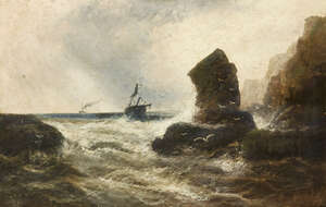 
	
		Manner of Abraham Hulk Snr, 
		late 19th century- 
		 
		Rocky coastal seascape;...