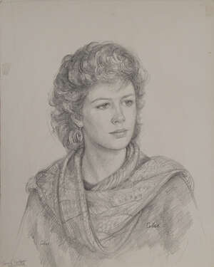 Dorothy Colles,
		British 1917-2003-
		 
		Portrait of a woman in a floral scarf (Sarah Snelgar);
		 
		pencil on card, signed twice and inscribed '