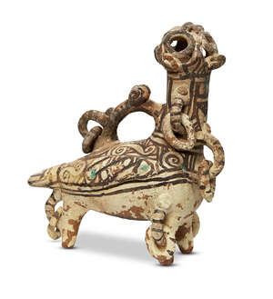 
	
		A clay pouring vessel, Central Asia, 1st millennium B.C., modelled as a bird with...