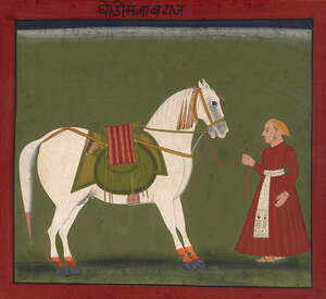 
	
		Two equestrian portraits, Mewar, 19th century, opaque pigments on paper heightened with...