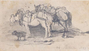 
	
		Barbizon School, 
		early/mid 19th century- 
		Study of carriage horses; 
		pencil on...
