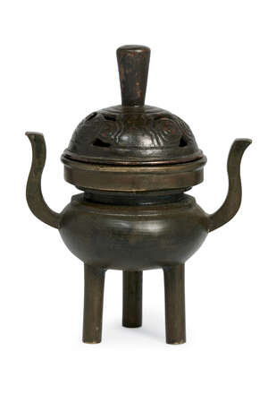 
	
		A Chinese bronze miniature tripod censer and cover, 19th century, of archaistic form, the...