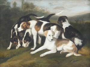 
	
		Follower of George Stubbs ARA, 
		British 1724-1806-
		 
		Fox hounds; 
		 
		oil on...