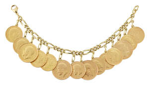 
	
		A figaro link coin bracelet, suspending four pendant mounted sovereigns and ten...