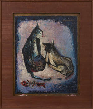 
	
		SIM KERN TECK (SINGAPOREAN, 1931-2015), oil on board, abstract study of cats,...