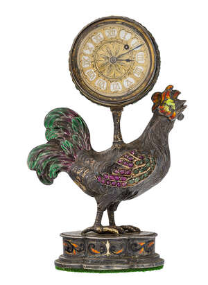 
	
		A late 19th century Viennese silver, gem and enamel desk clock, modelled as a cockerel...