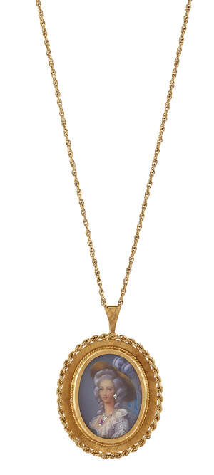 An Italian, portrait miniature pendant brooch and neckchain, the stylised portrait of a young lady set with diamond and ruby three stone earring and necklace, 