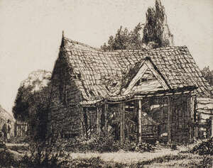 
	
		Edgar Alfred Holloway RBA, 
		British 1914-2008- 
		 
		Tithe Farm; 
		 
		etching,...
