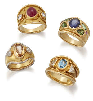 
	
		Four gem-set rings, each designed as a wide tapering band variously set with rubies,...