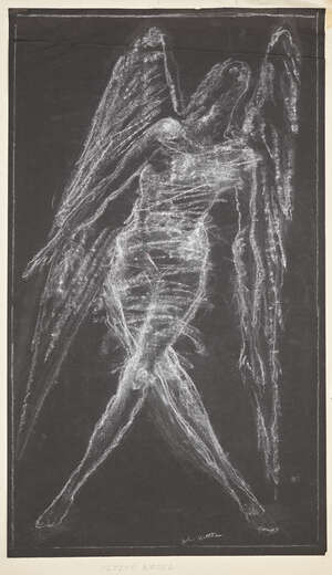 
	
		John Hutton (1906-1978)
		Flying Angel, 1956, signed
		Chalk on black paper, full...