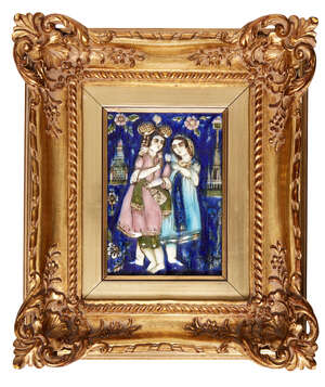 
	
		A Qajar moulded polychrome tile with couple drinking, Isfahan, Iran, 19thcentury, of...