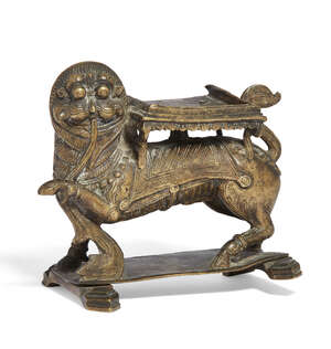 
	
		A bronze figure of Yali, probably Tamil Nadu, South India, 19th century, depicted with on...