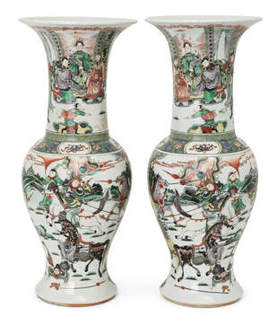 
	
		A pair of Chinese porcelain 'Romance of the Three Kingdoms' phoenix-tail vases, 19th...