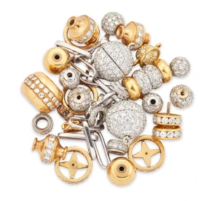A group of diamond set components,&nbsp;including: two pav&eacute; diamond ball clasps; six various pav&eacute;...