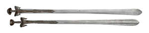 RTOTwo South Indian swords Patallah, 18th century, the straight double edged blade widening toward the a rounded tip, the steel hilt formed of a finely engrave