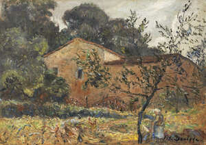 
	
		Jean Julien Denisse, 
		French b.1866-
		 
		Figure by a farm house with...