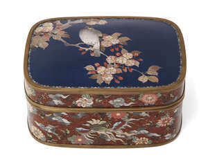 
	
		A Japanese cloisonné enamel box, Meiji period, lid decorated with hawk on a branch of...
