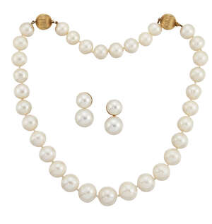 
	
		A cultured pearl necklace and earrings, the single row necklace, graduating from...