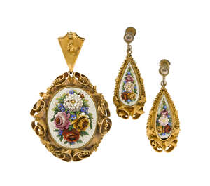 
	
		A late Victorian gold and mosaic earrings and pendant suite, the pendant with oval mosaic...