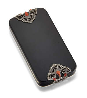 
	
		An Art Deco gold, onyx, enamel, diamond and coral compact, of rounded rectangular form,...