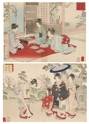 
	
		Ginko Adachi, Japanese active c.1874-1897, Fujo Reigi Gafu, 1896, two woodblock prints in...