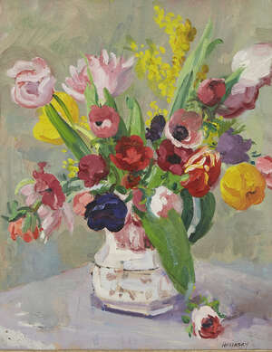 
	
		Philip Naviasky,
		British 1894-1983-
		 
		Still life with tulips (recto), Woman in a...