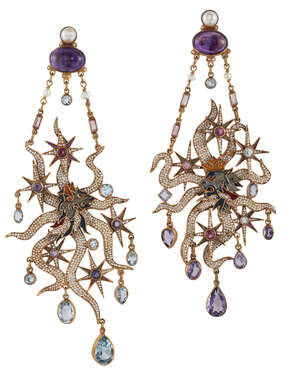 
	
		A pair of amethyst, blue topaz, iolite and pearl earrings by Percossi Papi, the cabochon...