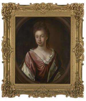 Circle of Mary Beale, 
		British 1633-1699- 
		 
		Portrait of a lady, traditionally held to be Duchess de Broglie, half-length wearing a rose coloured dre
