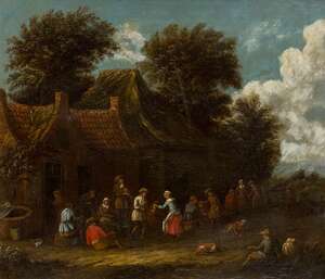 
	
		Manner of David Teniers the Younger, 
		early-mid 19th century- 
		A gathering outside...