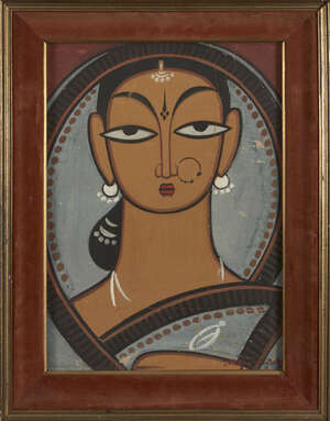 
	
		Jamini Roy (Indian, 1887-1972), Untitled, Woman in Grey, tempera on paper laid on board,...