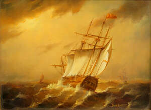 
	
		Jean Michel Laurent, French 1898-1988- A Three-masted Ship in choppy waters, and A...
