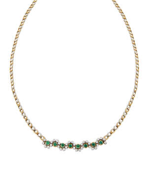 
	
		An emerald and diamond flexible necklace, the front section designed as articulated links...