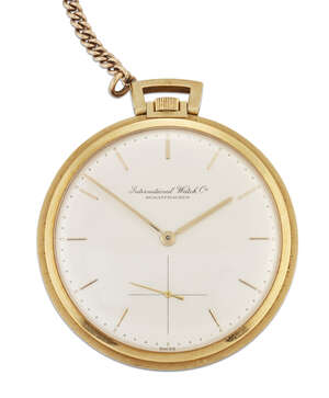 
	
		An 18ct gold dress pocket watch by International Watch Co., the circular dial with baton...