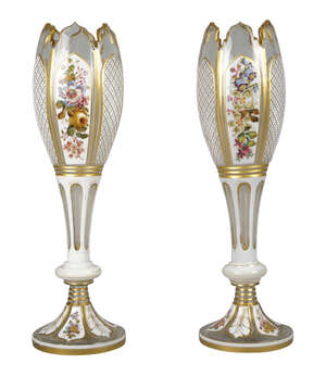 
	
		A pair of opaline and gilt glass vases, probably for the Turkish market, mid/late 19th...