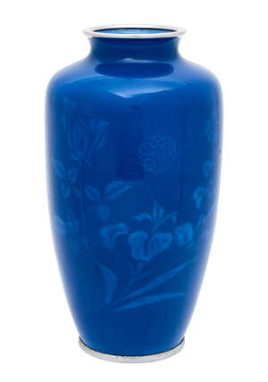 
	
		A Japanese blue enamel ovoid vase by Tamura, early 20th century, decorated with musen...