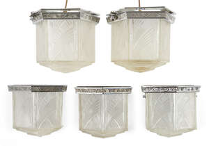 
	
		Hettier and Vincent, 
		 
		Suite of Art Deco light fittings, circa 1930, 
		Frosted...