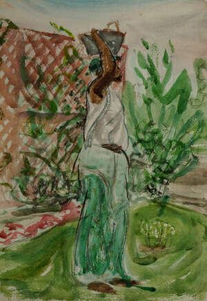 Leon Underwood,
		British 1890-1975-
		 
		Woman carrying a water pot on her head;
		 
		watercolour and pencil, inscribed Sierra Leone 45 and inscribed 