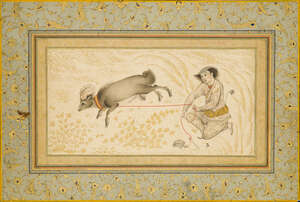 
	
		A shepherd and his ram, Qajar Iran, 19th century in the Safavid style, black ink, opaque...