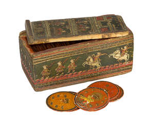 
	
		A lacquered wood Ganjifa box and cards, South India, mid-19th century, of rectangular...