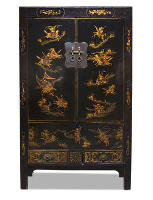 
	
		A Chinese black lacquer and parcel gilt wardrobe, late Qing dynasty, decorated with...