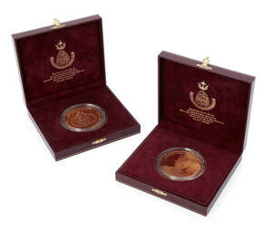 
	
		Two copper medals of Sultan Haji Hassanal Bolkiah commemorating the 25th anniversary of...