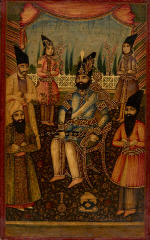 
	
		A pair of Qajar lacquered book covers featuring Muhammad Shah, Iran, 19th century, of...