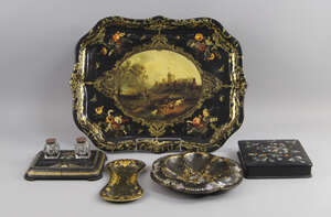 
	
		A Victorian black japanned and shell inlaid papier mache ink stand, with two bottles,...
