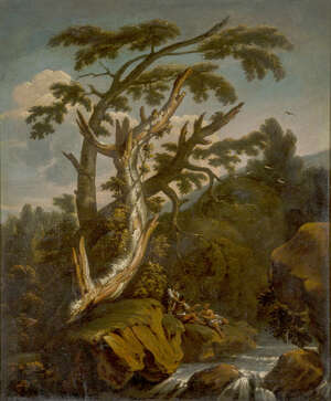 
	
		Follower of Salvator Rosa, 
		Italian 1615-1673- 
		 
		Figures seated by a waterfall...