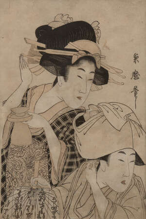 
	
		Kitagawa Tsukimaro, Japanese active 1776-1825, Two Beauties Arranging their Hair,...