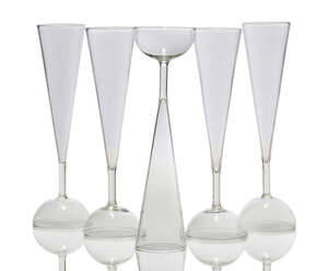
	
		Alessandro Mendini (1913-2019), a set of five TYL champagne flutes for Studio Alchimia...